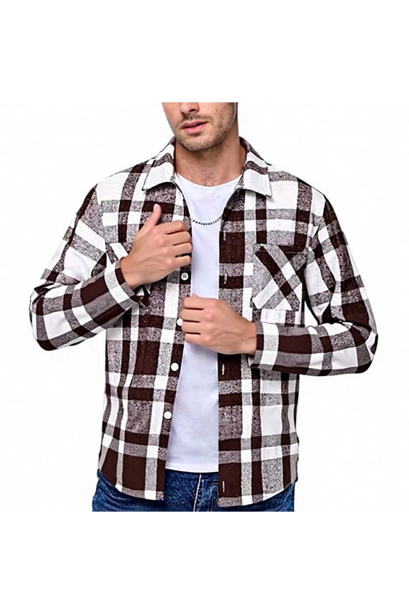 Woolen Shirts for Men Big & Tall S-4X Plus Size Long Sleeve Shackets Shirt with Pockets Button-Down Collared Vintage Plaid Printed Office Work Tops