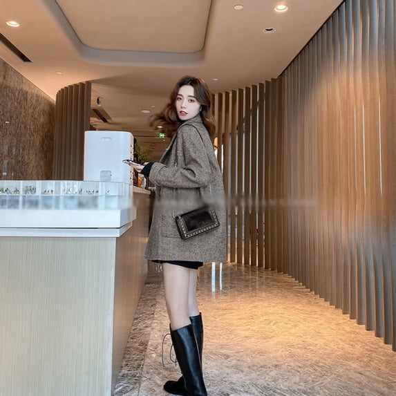 Woolen Suit Jacket for Women 2024 Autumn New Korean Style Thick Winter Coats Lady Loose Casual Turndown Collar Long Coat Women (Khaki,L)