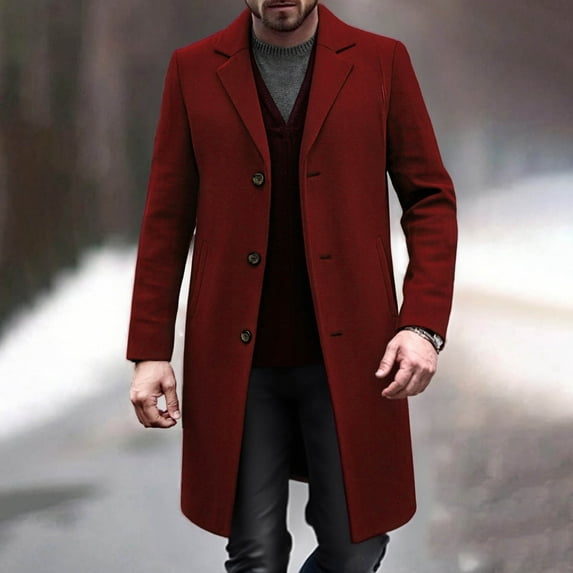 Woolen Trech Coats for Men with Pocket Long Sleeve Button-Down Mid-Length Jackets Mens Trendy Solid Color Slim Lapel Thermal Business Work Peacoats