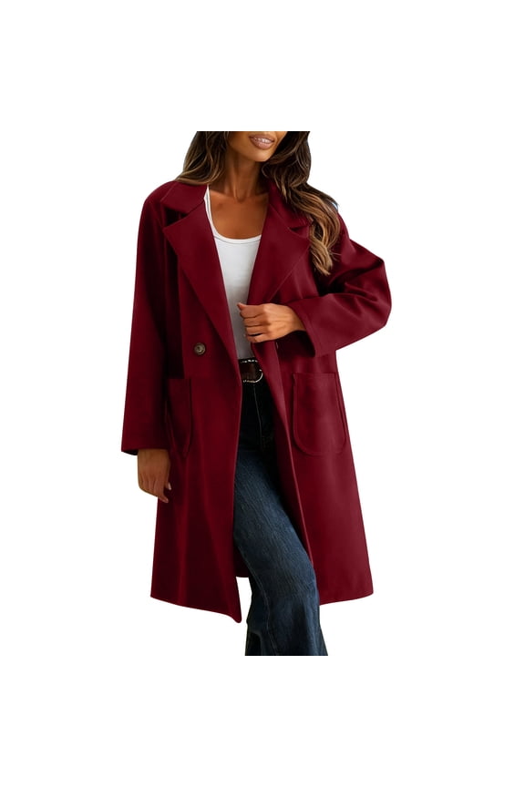 Woolen Trench Coat for Women Mid Length Notch Lapel Collar Dressy Casual Jacket with Pockets Winter Long Outerwear (S, Wine)