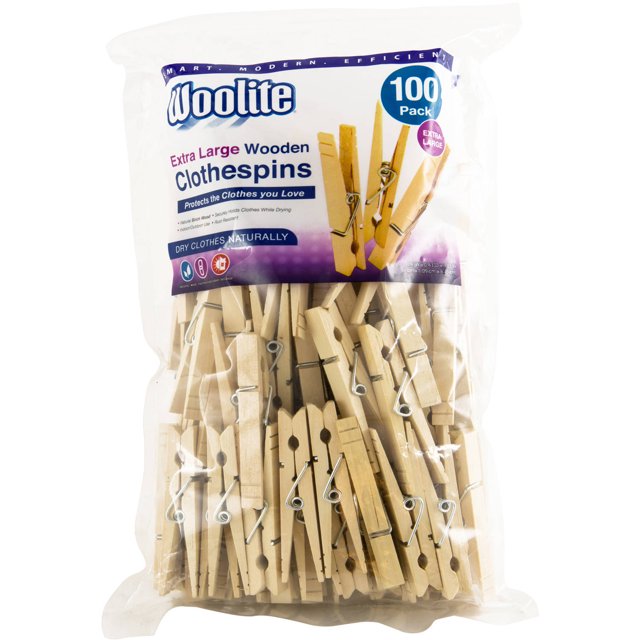 Woolite Extra Large Wooden Clothes Pins, Beige, 100 Count