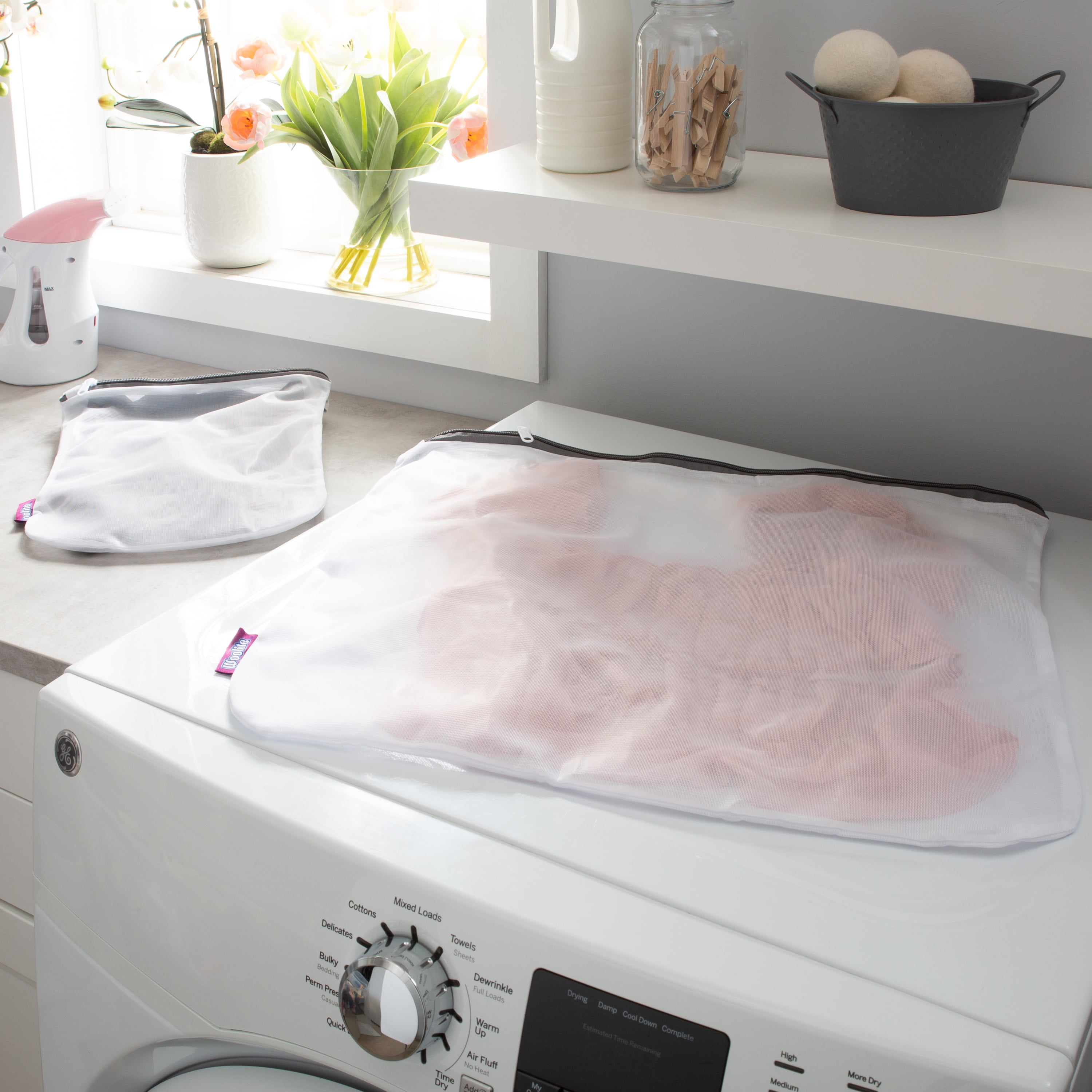 White Polyester Mesh Laundry Wash Bags, 2-Pack