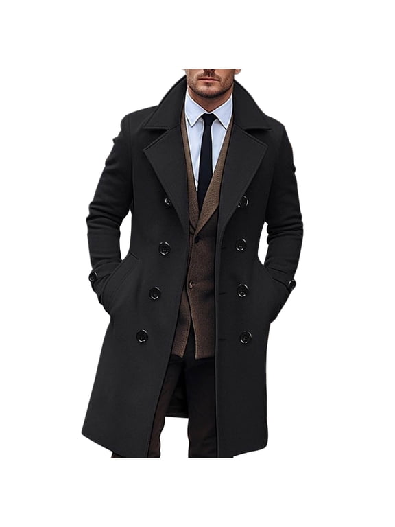 Woollen Jacket for Men Solid Color Button Down Overcoat Casual Fall Winter Stylish Long Trench Coat, Black, XL