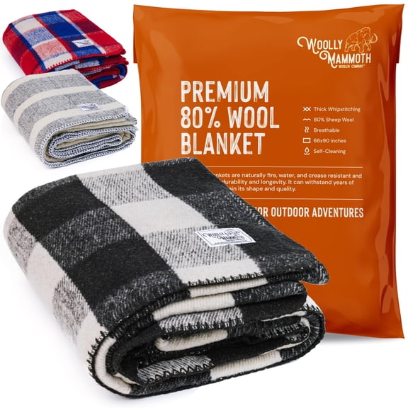 Woolly Mammoth Merino Wool Blanket- 66" x 90" 4 lbs Thick, Outdoor/Indoor Throw for Campfire, Picnic, Beach, Van Life, Home, Army- Farmhouse Collection Heavy Duty Insulating Sleep Plaid, Black/Cream