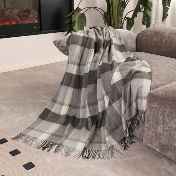 Woolly Throw Pure Wool Blanket - Large 55x83 inches, 1.5 lbs,Wool Fringed Knee Throw Blanket for Couch Bed Outdoor Travel,Soft Lightweight Breathable Blanket for All Season,Beige Check