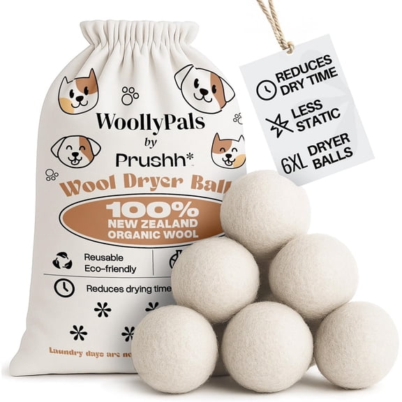 WoollyPals Dryer Balls (6-Pack, XL Size) - 100% New Zealand Wool - No More Dryer Sheets - Eco Dryer Balls - Reusable - Softens Laundry - Reduces Drying Time & Static - with Stora Bag (Plain White)