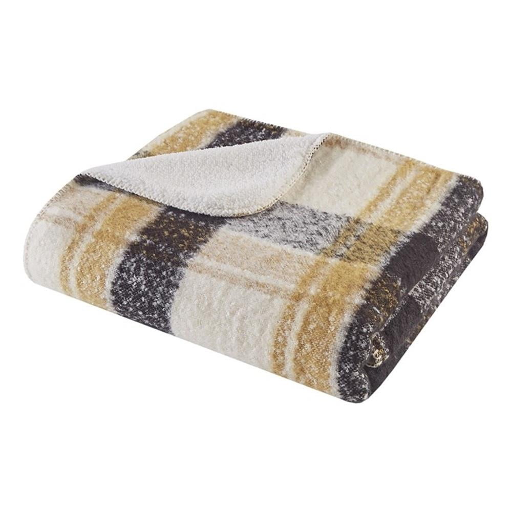 50"x60" Tan Plaid Faux Mohair Sherpa Reversible Throw Blanket