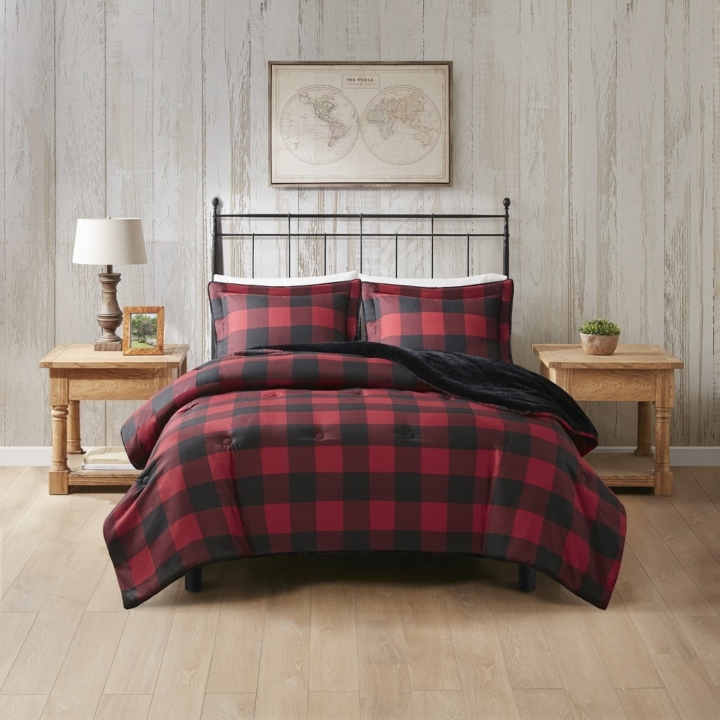 Twin Red Buffalo Check Faux Fur Comforter Set