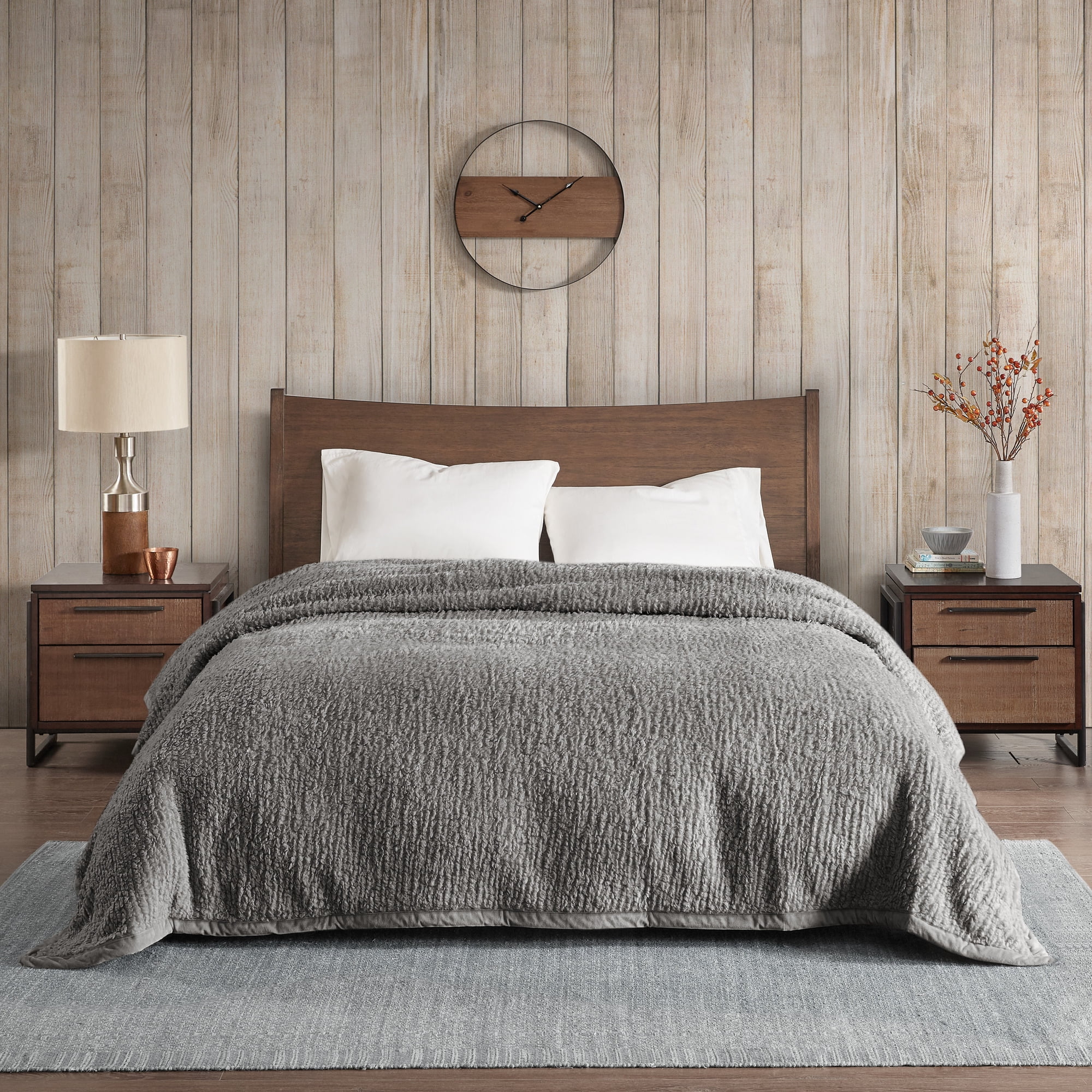 Full Gray Fleece Reversible Bed Blanket