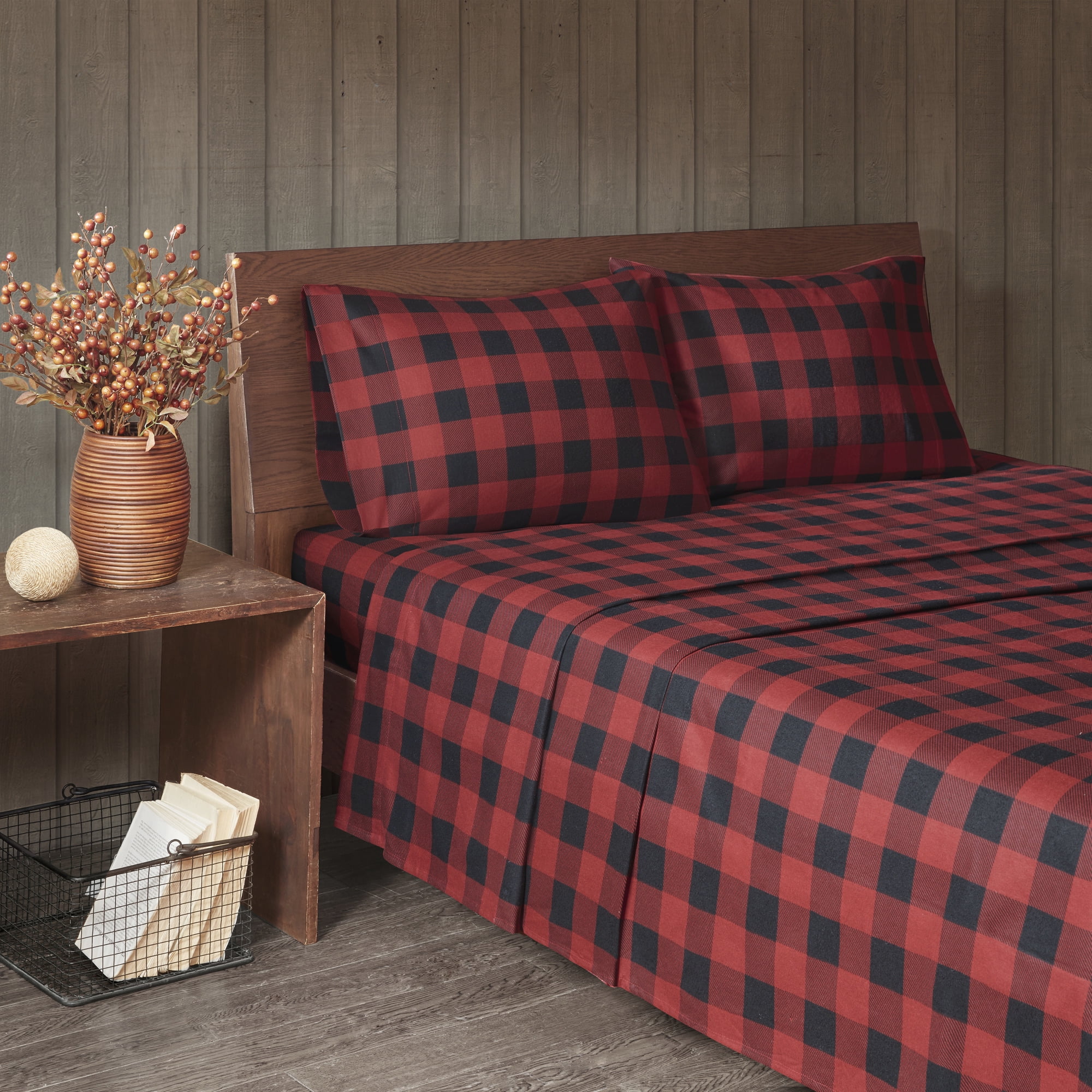 Woolrich Cotton Flannel 4Piece Queen Sheet Set, Red/Black Buffalo