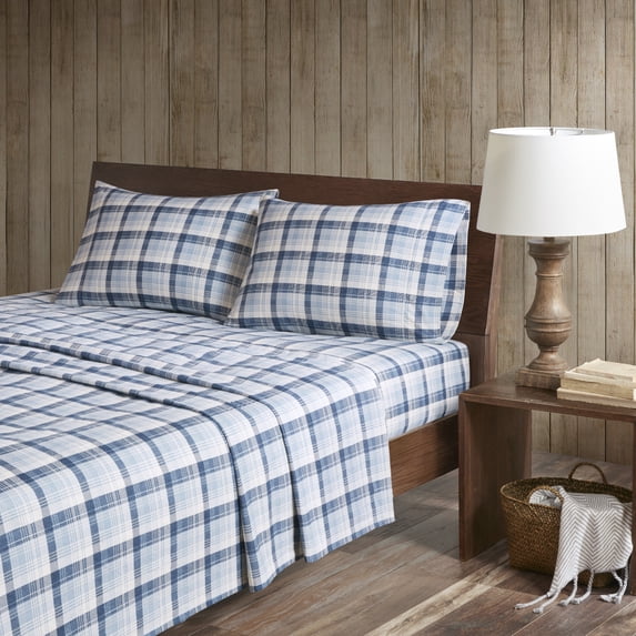 Woolrich Cotton Flannel Blue Plaid 4 Piece Sheet Set, King