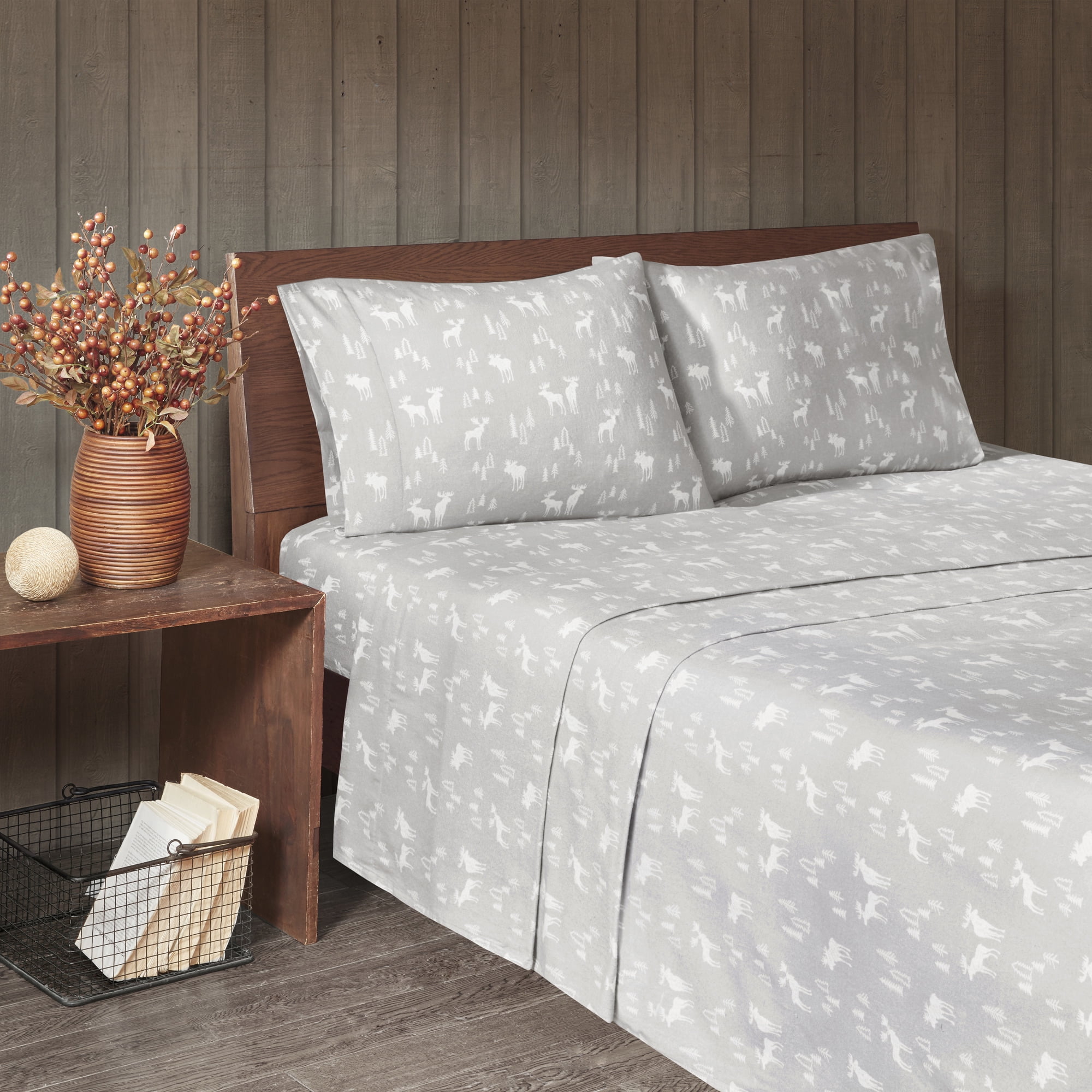 Queen Gray Plaid Cotton Flannel Sheet Set