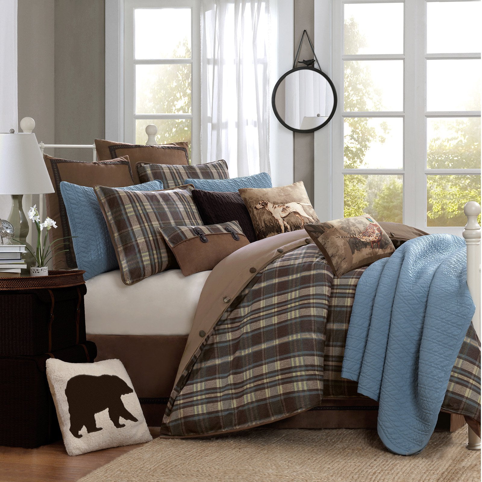 Queen Brown Microfiber Down Alternative Comforter Set with Plaid Design
