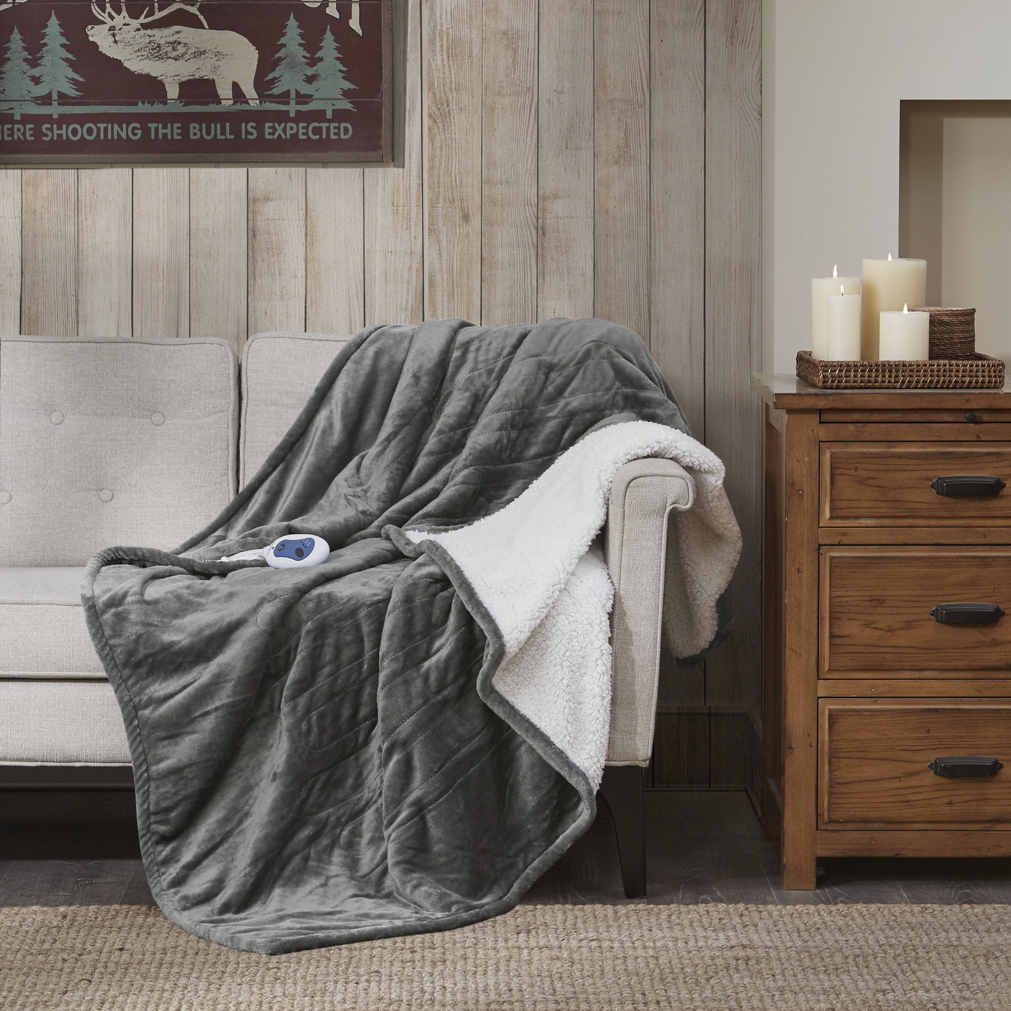 Gray Electric Heated Reversible Sherpa Throw Blanket