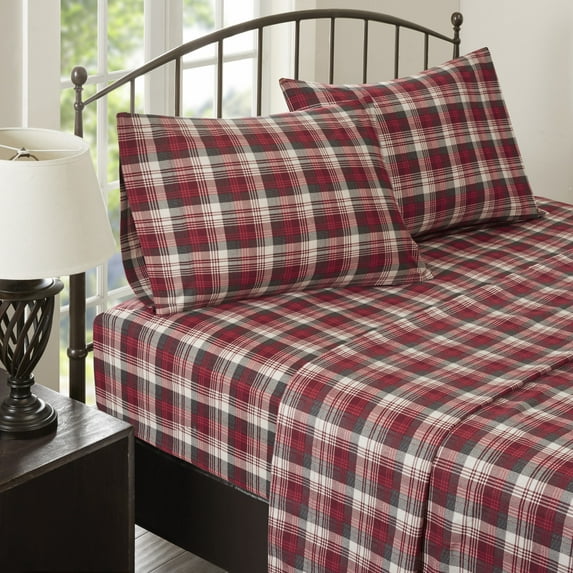 Woolrich Lodge, Cabin 160 GSM Red Plaid Cotton Sheet Sets, King, 4 Pieces