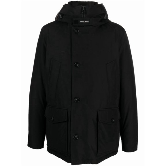 Woolrich Padded Jet Black Parka With Logo Print And Drawstring Hood (Men's)