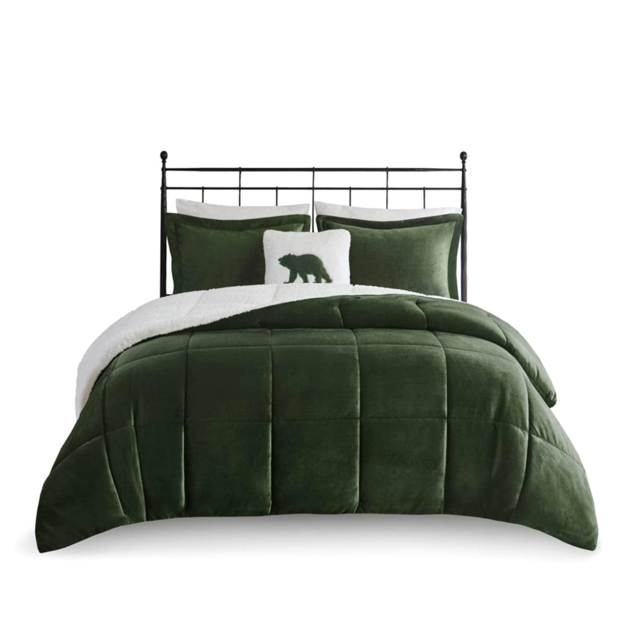 Queen Green/Ivory Microfiber Reversible Comforter Set with Sherpa