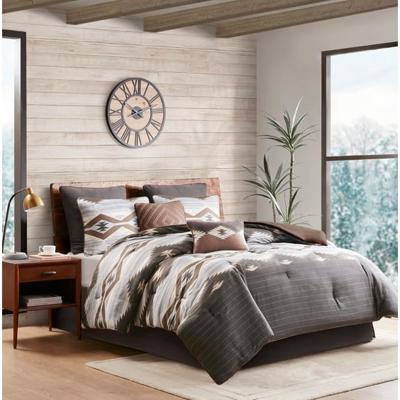 Woolrich Queen Comforter Set, Southwestern Aztec 8 Piece , Oversized All Season Down Alternative with Shams, Euro Decorative Pillows & Bedskirt, Rustic Cabin, Grey Brown