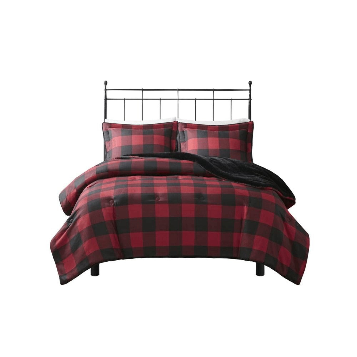 Full Red Buffalo Check Faux Fur Comforter Set