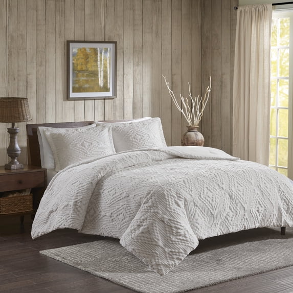 Woolrich Teton Embroidered Plush Coverlet Set, King/Cal King, Ivory
