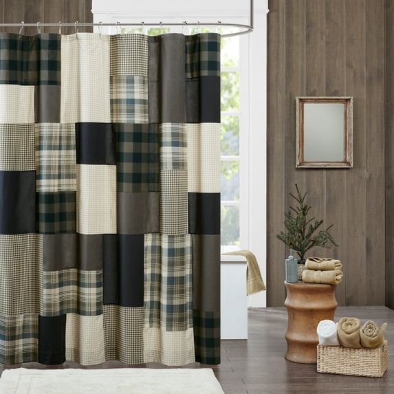 Woolrich Winter Hills 100% Printed Plaid Cotton Shower Curtain, Lined 72x72 inch, Tan