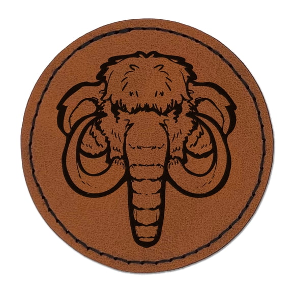 Wooly Mammoth Head 2.5" Faux Leather Round Engraved Iron-On Patch - Brown