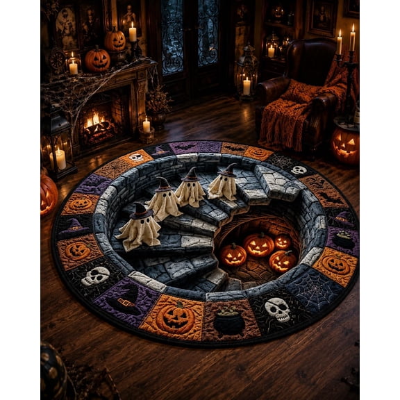 Woolycine 3D Haunted Staircase Round Rug, Halloween Optical Illusion Area Rug, Ghost Vortex Floor Mat, Crystal Velvet Nonslip Carpet for Bedroom Living Room Entryway Party Decor