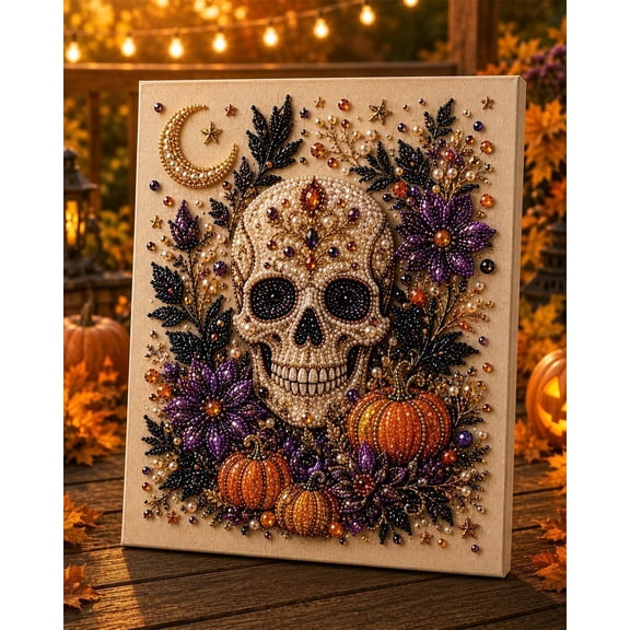 Woolycine Halloween Pearl Art Kit - Halloween Diamond Art DIY Kits for Adults, Including Ghosts, Pumpkin, Cat & Skull & Witch, Turn Tiny Pearls into Spooky-Cute Magic for Gifts (Skull Bloom)