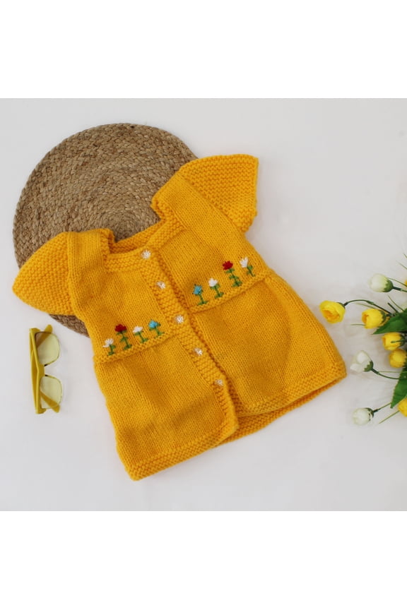 Handmade Cap Sleeves Embroidered Sweater-Yellow