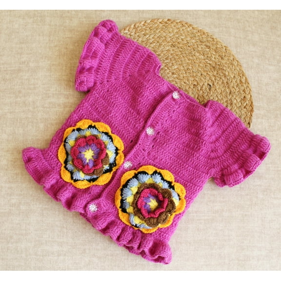 Woonie Handmade Frill Sleeves Flower Patch Sweater-Purple