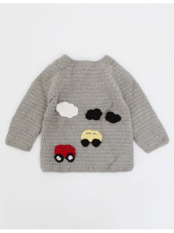 Handmade Full Sleeves Clouds & Cars Detailing Sweater-Grey