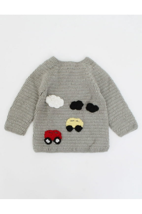 Handmade Full Sleeves Clouds & Cars Detailing Sweater-Grey