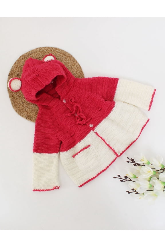 Handmade Full Sleeves Ear Design Hooded Sweater-Coral & Cream