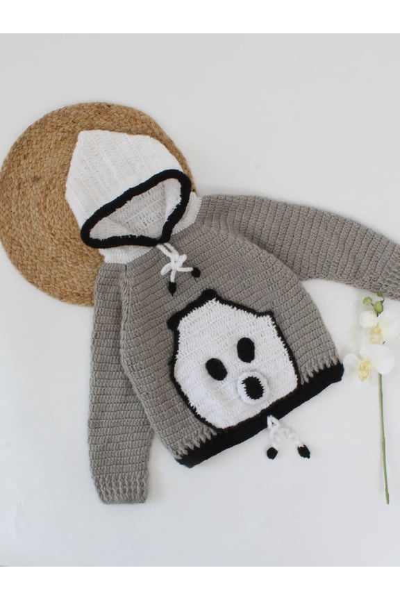 Handmade Full Sleeves Panda Detailing Draw String Hooded Sweater-Grey