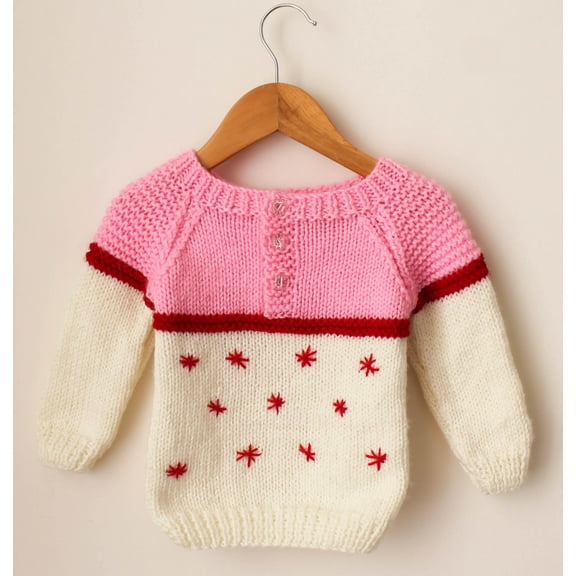 Woonie Handmade Full Sleeves Star Detailing Dual Colour Sweater For Kids-Cream & Pink