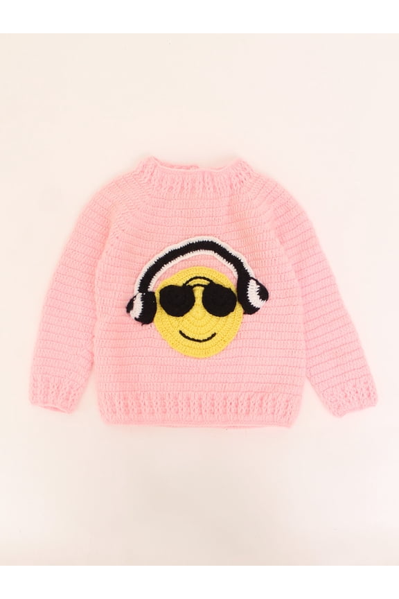 Handmade Full Sleeves Sweater Detailing Smily face With Headphone -Pink