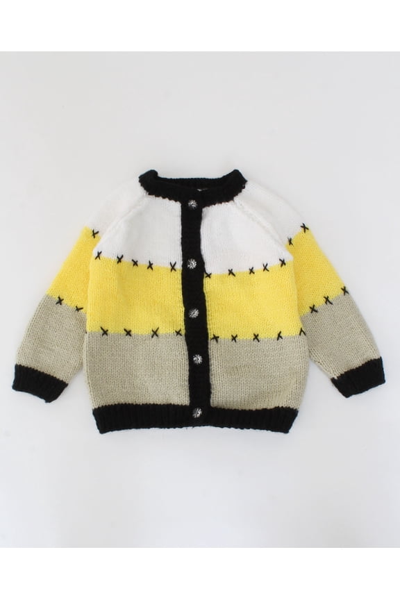 Handmade Full Sleeves Tricolour Sweater-White & Yellow