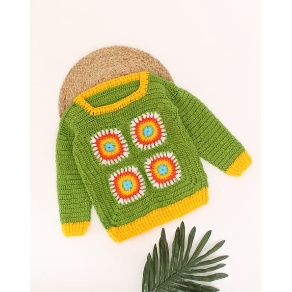 Woonie Handmade Granny Square Crochet Sweater-Green