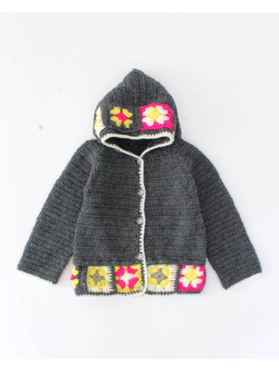 Handmade Granny Square Hooded Cardigan-Grey