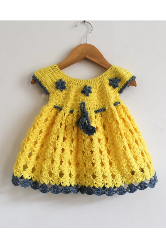 Short Sleeves Floral Design Handmade Dress - Yellow