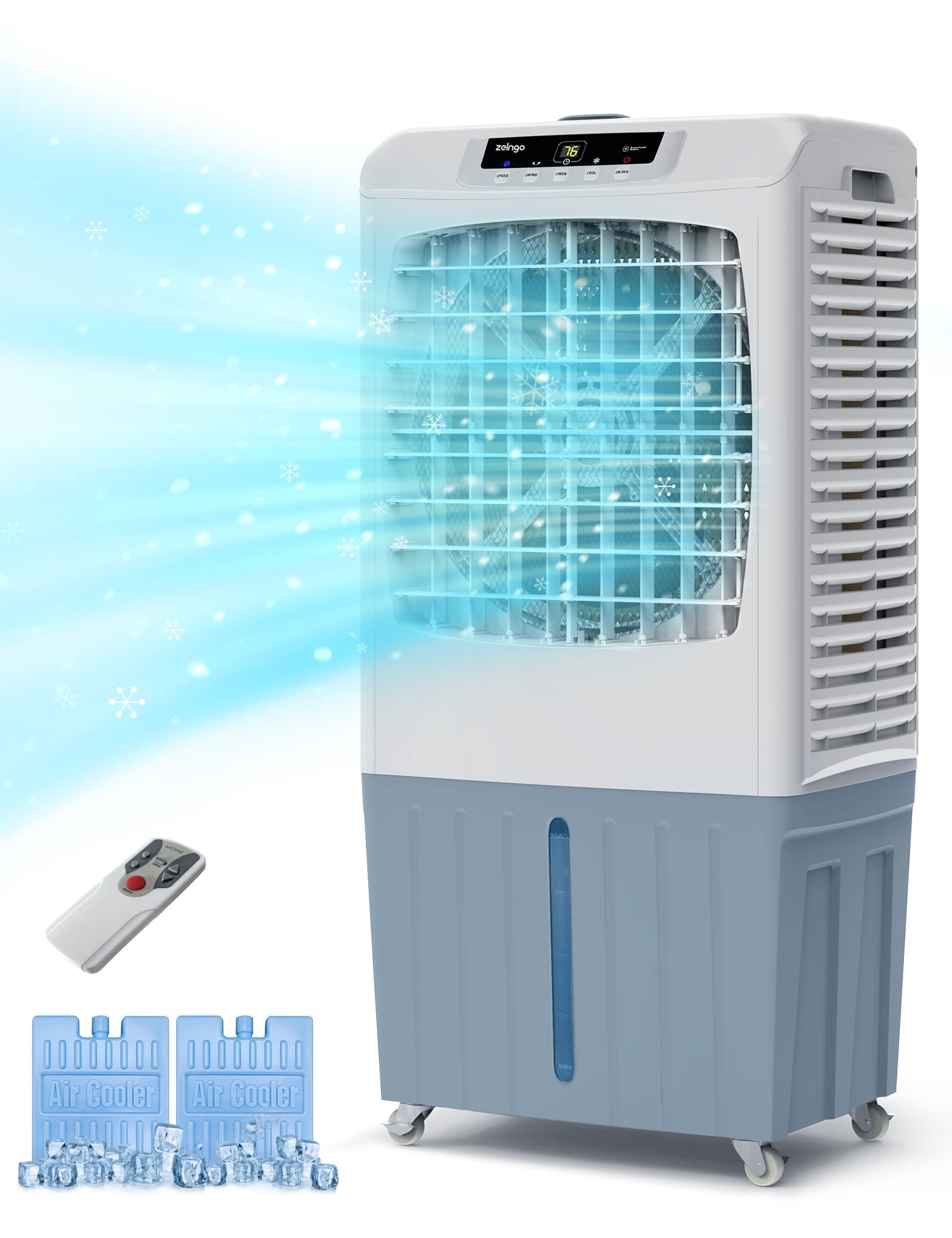 Zelngo Evaporative Air Cooler, 3500 CFM Swamp Cooler with Remote, Portable Water Cooling Fan with Scroll Casters