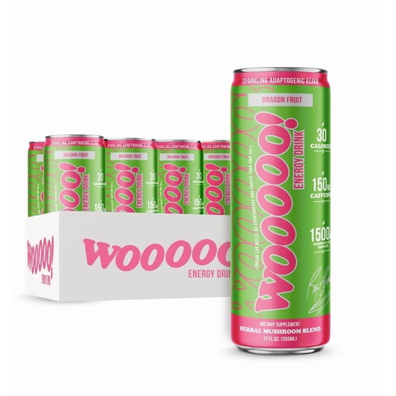 Wooooo! Energy Ric Flair Sparkling Adaptogenic Mushroom Energy Drink | Natural Antioxidants & Nootropics | Lions Mane & Cordyceps | 150mg Caffeine | 12 Pack (Dragon Fruit)
