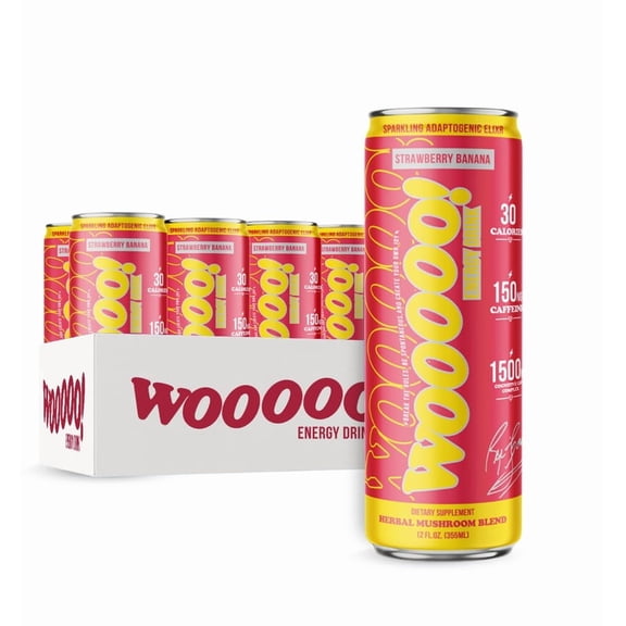 Wooooo! Energy Ric Flair Sparkling Adaptogenic Mushroom Energy Drink | Natural Antioxidants & Nootropics | Lions Mane & Cordyceps | 150mg Caffeine | 12 Pack (Strawberry Banana)