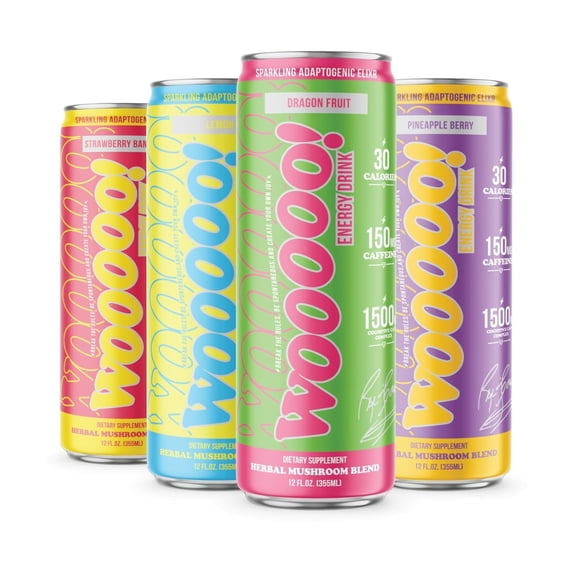 Wooooo! Energy Ric Flair Sparkling Adaptogenic Mushroom Energy Drink | Natural Antioxidants & Nootropics | Lions Mane & Cordyceps | 150mg Caffeine | 12 Pack (Variety Pack)