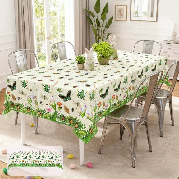 Wooowa 107.9 x 53.9 Inch Easter Tablecloth, Spring and Insect Design, Party and Home Decoration
