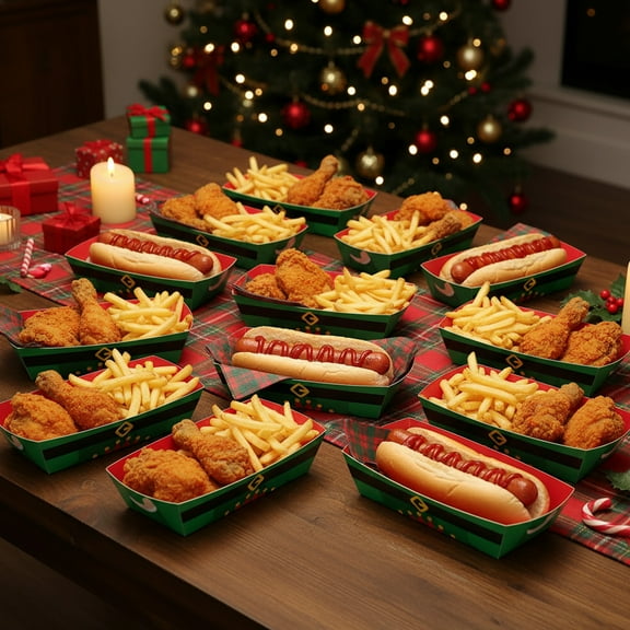 Wooowa 12PCS Christmas Fried Chicken & French Fry Boxes with Hot Dog Trays, Disposable Party Tableware for Festive Holiday Decor