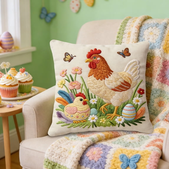 Wooowa 18inch Short Plush Embroidery Pillow Cover, for Sofa Bedroom Living Room Easter Home Decoration