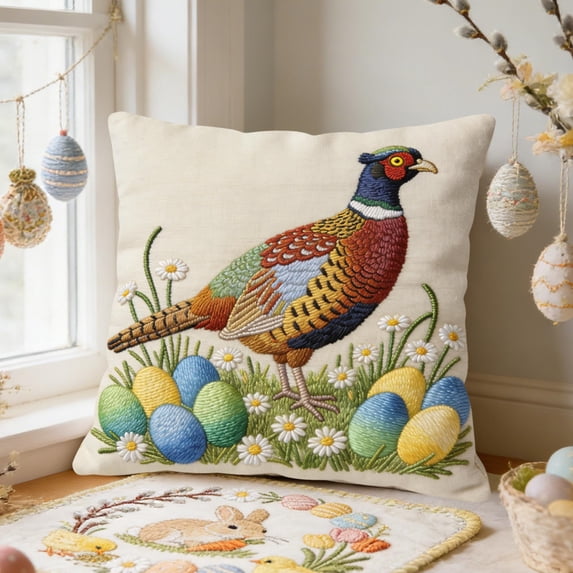 Wooowa 18inch Short Plush Embroidery Pillow Cover, for Sofa Bedroom Living Room Easter Home Decoration