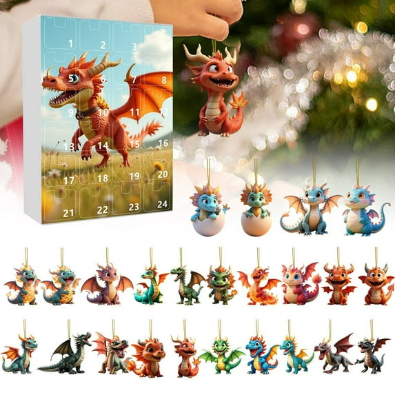 Wooowa 2025 Christmas Advent Calendar with Dragon Baby and Dinosaur Ornaments, Festive Hanging Decor for Home Xmas Tree, Holiday Accents for Living Room Tabletop