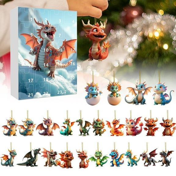 Wooowa 2025 Christmas Advent Calendar with Dragon Baby and Dinosaur Ornaments, Festive Hanging Decor for Home Xmas Tree, Holiday Accents for Living Room Tabletop